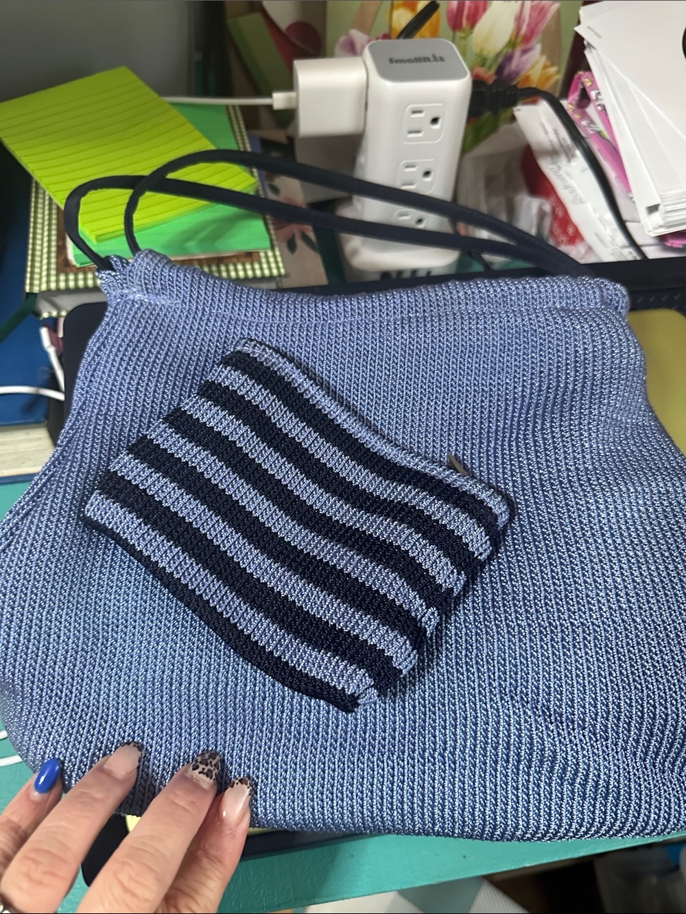 The Sak Light Blue Knit Shoulder Bag with Navy Striped Pouch